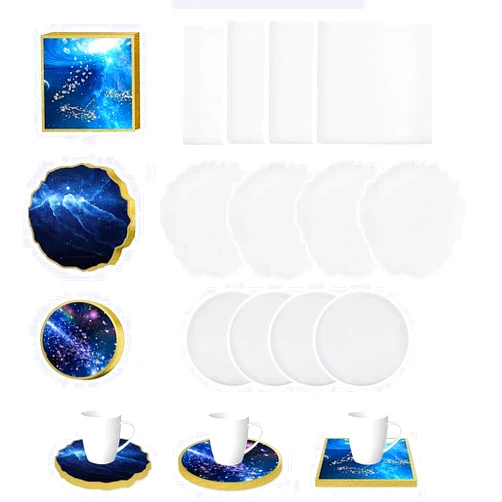 ModWgGuo 12 Pack Coaster Molds for Resin Casting, 4 Pack Thick 4 inches Square Coaster molds and 4 Pack Round Coaster Silicone Molds and 4 Pack Silicone Large Geode Molds for Epoxy Resin Making Coasters