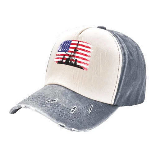 Generic American Flag Oilfield Oil Drilling Gas Rig Worke Baseball Cap Washed Denim Classic Truck Hat1, Gray