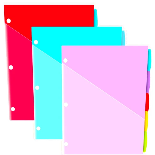 JISUSU 5-Tab Plastic Binder Dividers with Two Pockets - 3 Sets, 15 pcs Multicolor Pocket dividers with 3 Holes for 3 Ring Binders, Bividers with Tabs for School,Office and Home