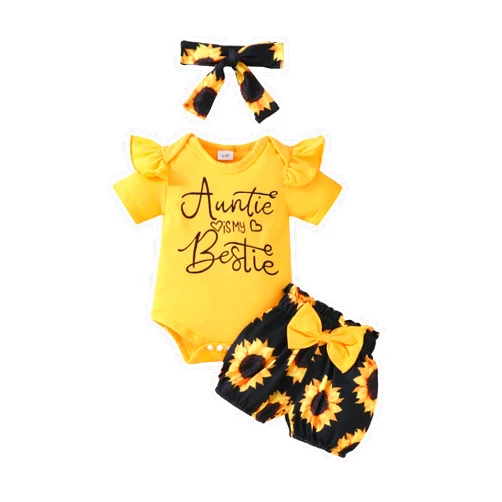 MA&BABY Baby Girl Summer Outfits Letter Print Short Sleeve Rompers Sunflower Print Ruffles Shorts Headband 3Pcs Clothes Set