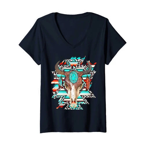 Funny Serape Western Country Graphic Design Womens Boho Serape Turquoise Aztec Cow Bull Skull Western Cowgirl V-Neck T-Shirt