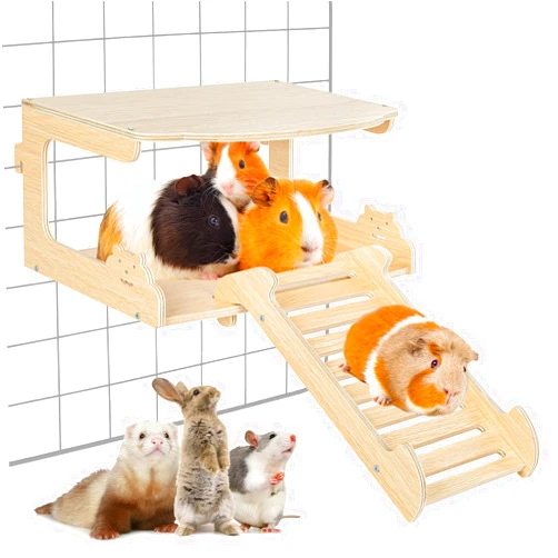 OiiBO Guinea Pig House Hideout, Wooden Guinea Pig Platform with Stairs, Small Animal Bed Castle Habitats for Hamsters Bunny Chinchillas Playing & Sleeping Hut (Rectangle)