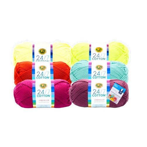 Bella's Crafts Lion Brand Yarn 24/7 Cotton Yarn, 6 Pack Bundle with Bella's Crafts Stitch Markers (Hot Rainbow)