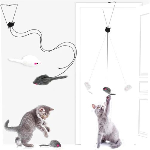 Zhanmai 4 Pieces Hanging Door Cat Toy Interactive Bouncing Mouse Cat Toy Stress Relieve Hanging Cat Toys for Cat with Elastic Band Mouse Shape Cat Feather Toys for Indoor Outdoor Cat Play