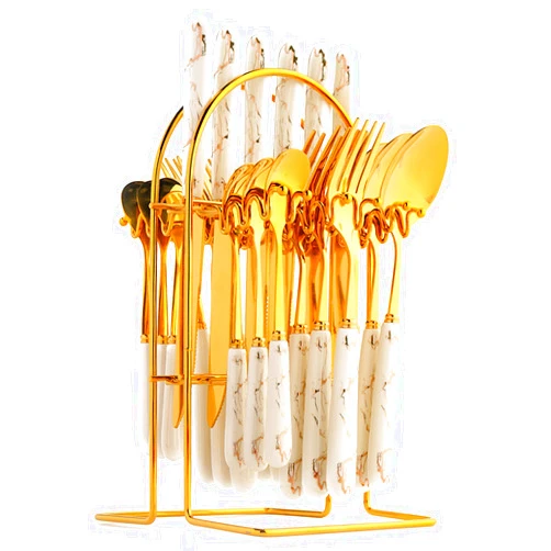 RHCSZ 24-Piece Gilded Stainless Steel Flatware Set,Kitchen Utensil Tableware Cutlery Set Service for 6, Steak Cutlery Set for Home and Restaurant (White)…