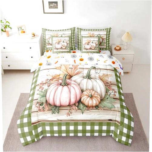 Erosebridal Fall Pumpkin Bedding Sets for Home Buffalo Plaid Thanksgiving Queen Size Comforter Set 7 Piece Maple Leaves Bed Sheet Set Rustic Farmhouse Autumn Decor Bedding Comforter Sets