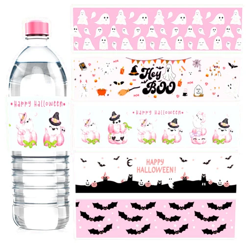 Menkxi 100 Pcs Halloween Pink Water Bottle Labels Halloween Water Bottle Sticker Wrappers Waterproof Halloween Stickers for Water Bottles Trick or Treat Party Supplies for Halloween Party Ornaments