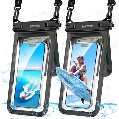 SYNCWIRE Waterproof Phone Case, 2-Pack IPX8 Double Space Waterproof Phone Pouch for iPhone 15 14 13 12 Pro Max XR X SE 2022 8 Samsung S24 S23 S22 Ultra S21 Phones Under 8.5 Inch - Black