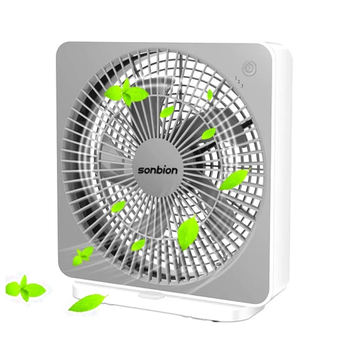 SONBION Box Fan, Three Speeds Window Table Cooling Fan 10 Inch DC Desk Fan with Plug-In AC Adapter, Strong Wind,Quiet Operation Work Fan for Home Bedroom Office Desk Outdoor Travel