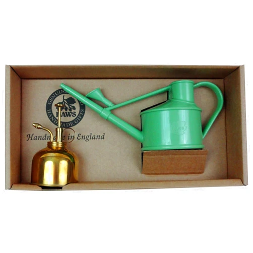 Bosmere Haws Spray-N-Sprinkle Gift Box Set with Sage Green Watering Can and Brass Mister, Fine Mist Spray Bottle and Water Can for Indoor Plants, Succulents and Flowers