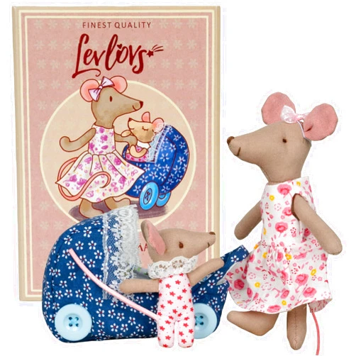 LEVLOVS Christmas Mouse in a Matchbox Toy Baby Registry Gift Toddler Gift Dolls Mom and Baby Mice and a Stroller