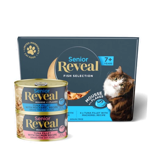 Reveal Natural Senior Cat Food, Grain Free Wet Senior Cat Food, Limited Ingredient Food for Senior Cats, Fish Variety, Mousse with Flakes, 8 x 2.47 oz