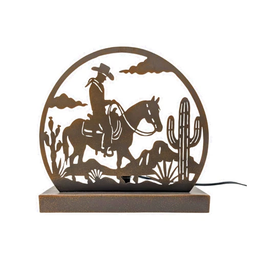 BestGiftEver Western Cowboy Riding Horse Metal Night Light with Cactus Desert Silhouette Cutout–Rustic Tabletop Lamp, Southwestern Farmhouse Ranch Décor Accent, Great Gift for Cowboy Lovers & Country Homes