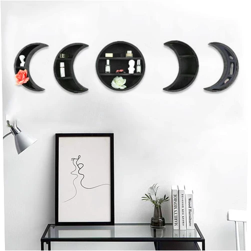 Rosyouth 5PCS Moon Shelf Set, Moon Shelf Moon Wall Decor for Essential Oil Crystal Gemstone Display Wall Hanging Storage Box Lunar Eclipse Moon Decoration Rack