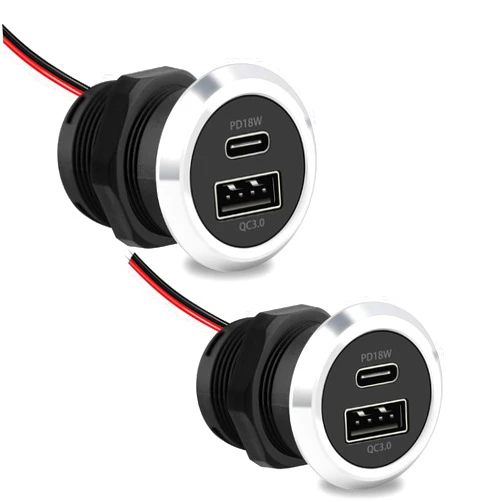 ZHSMS RV USB Outlet 12V Wall Mount, Dual USB Quick Charge 3.0 Port & PD USB C Charger, 12V/24V Automotive Outlet Socket Adapter for RV Marine Boat Bus ATV Motorcycle Truck(Round,2 Pack)