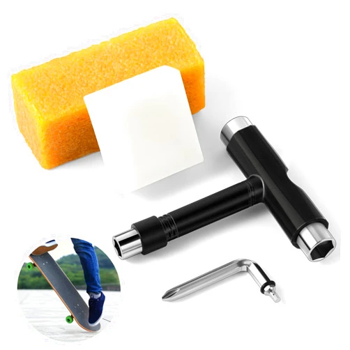 Threlaco 3 Pcs Skate Tool Include Slick Skateboard Curb Wax for Rails Skateboard Grip Tape Cleaner Abrasive Cleaning Stick Skateboard T Tool with T Type Wrench and L Type Phillips Head Screwdriver