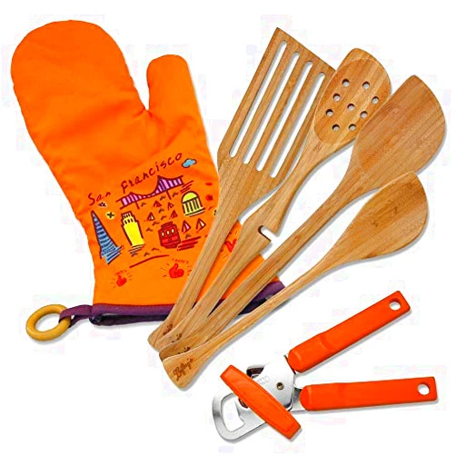 Lefty's The Left Hand Left-handed Only from Lefty's Kitchen Tool Set Includes Left-handed Can Opener, 4 Bamboo Utensils, and Orange Mitt 6 Pcs.
