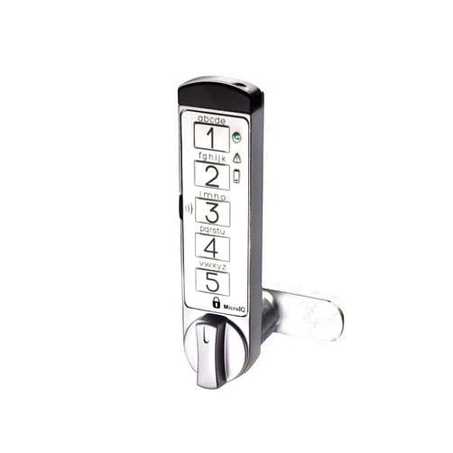 MicroIQ Electronic Cabinet Lock for Doors, Drawers, Lockers, Keypad Lock for Keyless Entry, Keyed Cam Lock Replacement, Vertical, Silver