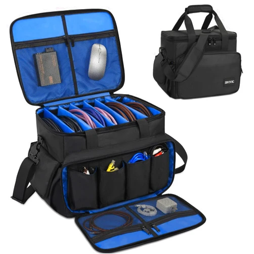 IBVIVIC DJ Cable File Bag with 6 Detachable Dividers High Capacity Gig Cable Bag for Cords,DJ Gear,Sound Instrument and Accessories, Blue