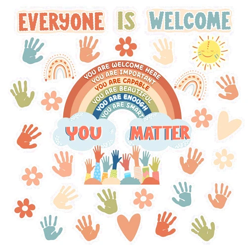 VABAMNA Boho Bulletin Board Decorations for Classroom, 35Pcs Everyone is Welcome Classroom Positive Motivational Inspirational Affirmation Wall Decor Boho Rainbow Cutouts for Teacher School Supplies