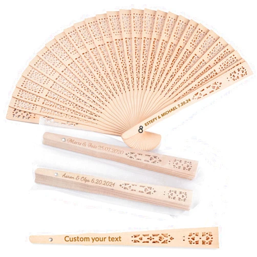 JONZIN 50Pcs Personalized Wooden Folding Hand Fans - Custom Wedding Fans for Guests Engraved Text Wedding Fans for Party Favors Bridal Shower Wedding Gift for Guests Bulk (50)