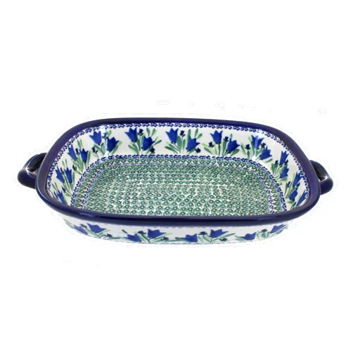 Blue Rose Pottery Blue Rose Polish Pottery Blue Tulip Large Baker with Handles