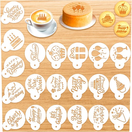 Tenare 20 Pieces Birthday Cookie Stencil Templates Decoration Cookie Stencil for Birthday Coffee Cake Stencil Templates Reusable Stencil Painting Mold Tools, Dessert, Coffee Decorating Mold(Cake Style)