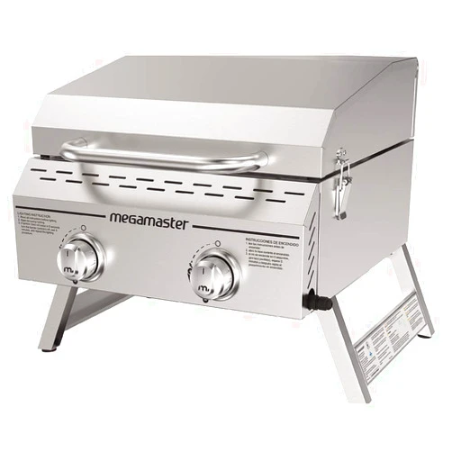 Megamaster Premium Outdoor Cooking 2-Burner Grill, While Camping, Outdoor Kitchen, Patio Garden, Barbecue with Two Foldable legs, Silver in Stainless Steel