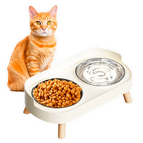 HIAIEVIY Elevated Cat Bowl, Raised Cat Food and Water Bowl Set for Indoor Cats, Splash Proof with 2 Stainless Steel Pet Food Bowls for Cats and Puppies, Whisker Fatigue and Dishwasher Safe - White