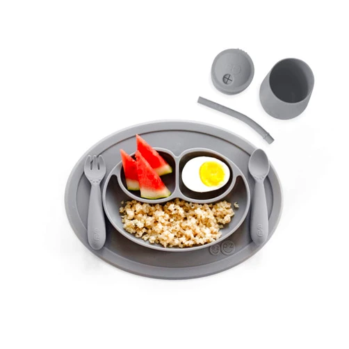 ezpz Mini Collection Set (Gray) - 100% Silicone Cup + Straw, Fork, Spoon & Mini Mat Suction Plate with Built-in Placemat for Infants + Toddlers - First Foods + Self-Feeding - 12 Months+