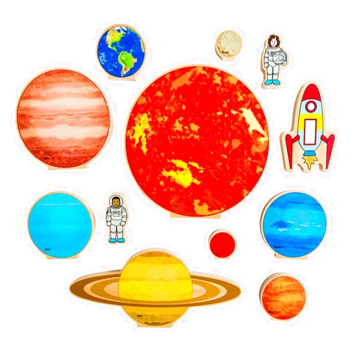 THE FRECKLED FROG Traveling in Space - Set of 12 - Ages 2+ - Wooden Blocks for Toddlers - Includes Planets, Sun, Astronauts and Rocket - Double-Sided