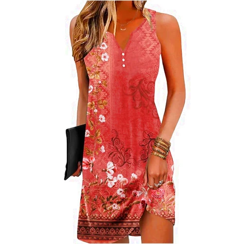 ETCYY NEW V-Neck Floral Printed Summer A-Line Elegant Dresses Womens Vintage Sleeveless Beach Sundress Ladies Casual Loose Boho Dress