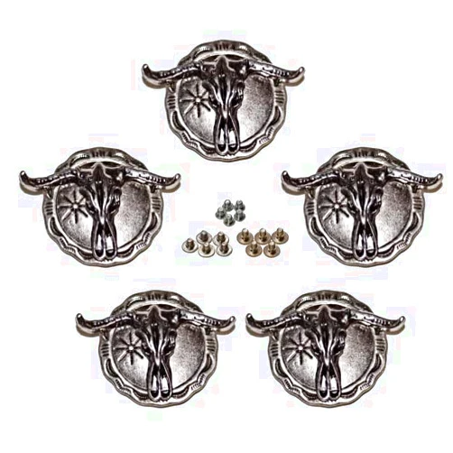 JZBVAN Conchos, Decorative Concho for Handmade, 5 Pack Artificial Turquoise Screw Buttons and Multi Size Screws, Round Metal Sunflower Daisy Indian Eagle OX Head DIY Leathercraft (OX Head A)