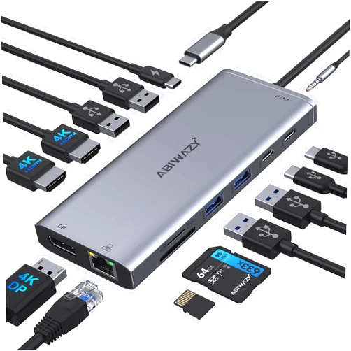 ABIWAZY USB C Docking Station 3 Monitors USB C Hub Laptop Dual Monitor Multiport Adapter Dock Dongle,USB C to 2 HDMI,4K DisplayPort,PD Charging,Ethernet,7 USB C/A Ports,SD/TF,Audio for Dell/HP/Lenovo/Surface