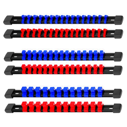 SEDY Socket Organizer Holder Set: 6-Piece Premium Quality Socket Rail with Labels for Tool Box Drawer Blue and Red, 1/4-Inch x 32 Clips, 3/8-Inch x 30 Clips, 1/2-Inch x 24 Clips