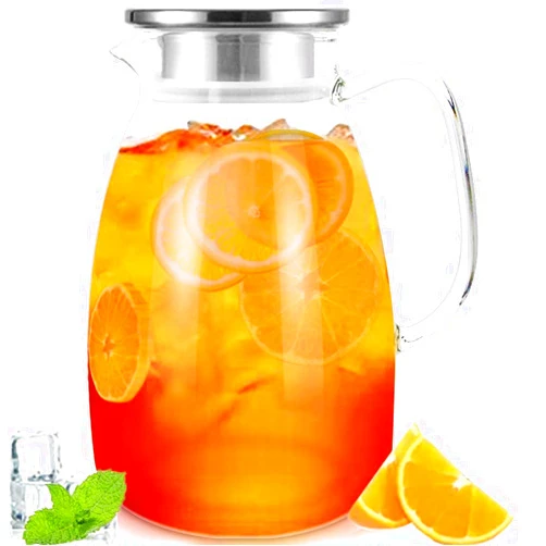 Bunhut Glass Pitcher with Lid,68 oz Water Pitcher for Hot Cold Drinks,Glass Water Pitcher with Insulated Handle,Large Glass Water Jar Made of High Borosilicate Glass,Easy to Clean