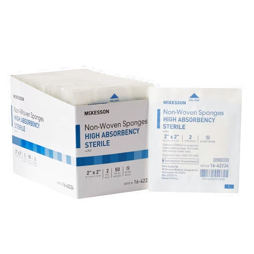 McKesson Non-Woven Sponges, Sterile, 4-Ply, High Absorbency, Polyester / Rayon, 2 in x 2 in, 2 Per Pack, 50 Packs, 100 Total