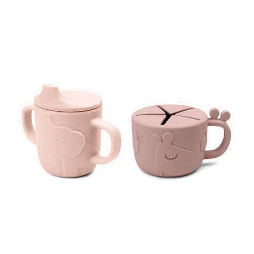 Done by Deer Peekaboo Spout/Snack Cup Set Powder - 100% Food Grade Silicone - Shatterproof - Dishwasher, Oven, Microwave, & Freezer Safe - Giraffe and Elephant Design - Practical Lid - Two Handles