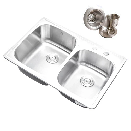 CBath CozyBlock 33 x 22 x 9 Inch 60/40 Offset Top-mount/Drop-in Stainless Steel Double Bowl Kitchen Sink with Strainer - 18 Gauge Stainless Steel-3 Faucet Hole