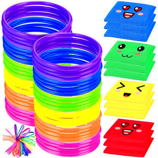 VercanMonth 36 Pcs Nylon Bean Bags and Ring Toss Game for Kids Cornhole Bean Bags for Tossing Plastic Rings Game 2 in 1 Carnival Games Set for Kids Birthday Party Outdoor Games