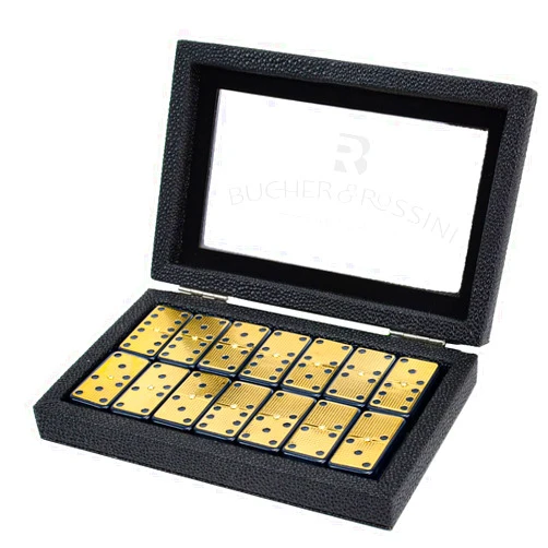 Bucher&Rossini Metal Surface Dominoes Set Double 6 for Adults and Kids - Claasic 28Pieces Gold Metal Surface Domino's Game Set Idea Gift Present for Domino Players or Family Game Night