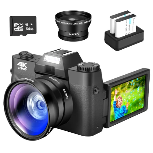 VENOAL 4K Digital Camera, Vlogging Camera for YouTube Compact Camera for Photography with 64GB SD Card 180°Flip Screen Point and Shoot Digital Cameras