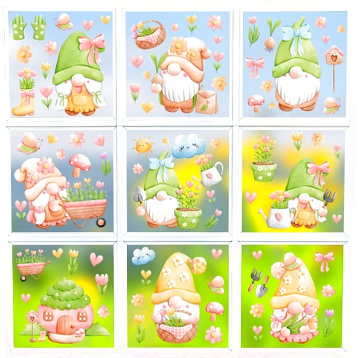 JULMELON 9 Sheets Kids Spring Window Decal Gnome Window Clings for School Office Windows Home Party Glass Display Stickers Supplies Electrostatic Window Clings