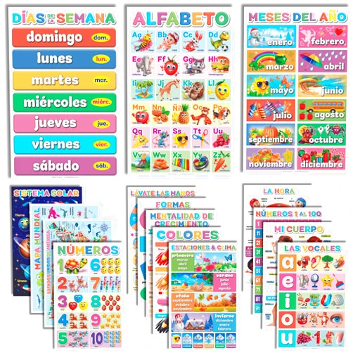 DeeDee's Workshop 16 Spanish Classroom Posters, Spanish Learning for Kids, Spanish Classroom Decorations, Abecedario para Niños en Español, Days of the Week Poster for Kids, Spanish Calendar