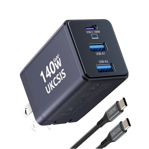UKCSIS 140W USB C Charger Block - UKCSIS 3-Port GaN Fast Chargers, Foldable USB C Wall Charger, Compact 100W Laptop Adapter, for MacBook Pro/Air, iPad Pro, Galaxy, iPhone Series, Black