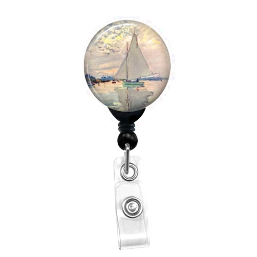 Pacific Impressions Gifts Claude Monet - Sailboat - Retractable Badge Reel - ID Name Tag Custom Badge Holder (Black Badge Reel with Spring Pinch Clip)