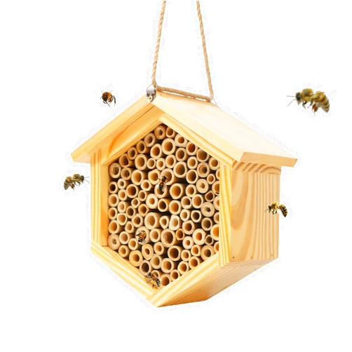 Hewewor Mason Bee House Native Bee Hive Hexagon Bee House Natural Handmade Wooden Mason Bee Box Habitat Home Hotel with Bamboo Tubes -Attracts Peaceful Bee Pollinators to Enhance Your Garden's Productivity