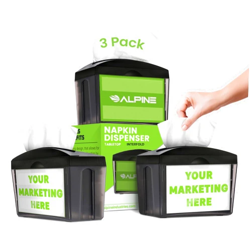 Alpine Industries Alpine 3 Pack Tabletop Commercial Napkin Dispenser Restaurant Napkin Holder for Interfold Napkins with 2 Side Marketing Space Insert for Restaurants, Cafeterias, Food Trucks, Clubs - Black