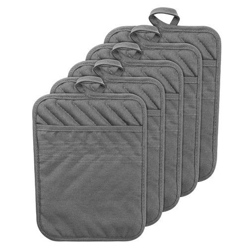 GROBRO7 5Pack Pocket Pot Holders Cotton Heat Resistant Potholder Multipurpose Hot Pads Machine Washable Oven Mitts Potholders Bulk for Daily Kitchen Baking and Cooking 8.9 x 6.9 Inch Grey