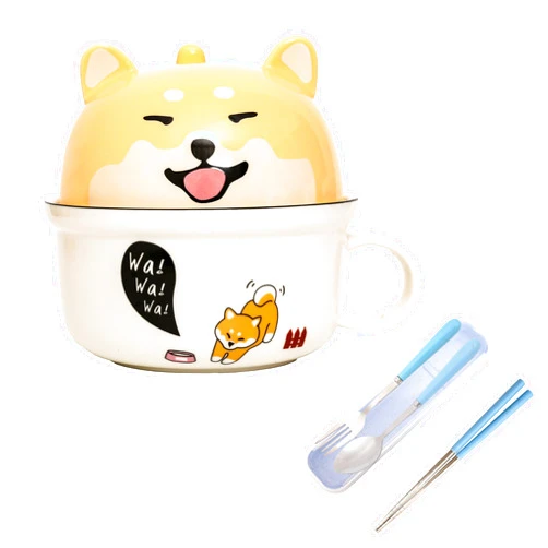 Hengshukeji 28 OZ Large Cute Ramen Bowl with Lid，Cartoon animal Soup Bowl With chopsticks, spoon and fork for instant noodle bowls, Salad bowls，Japanese ramen pots, cereal bowls (Shiba Inu)